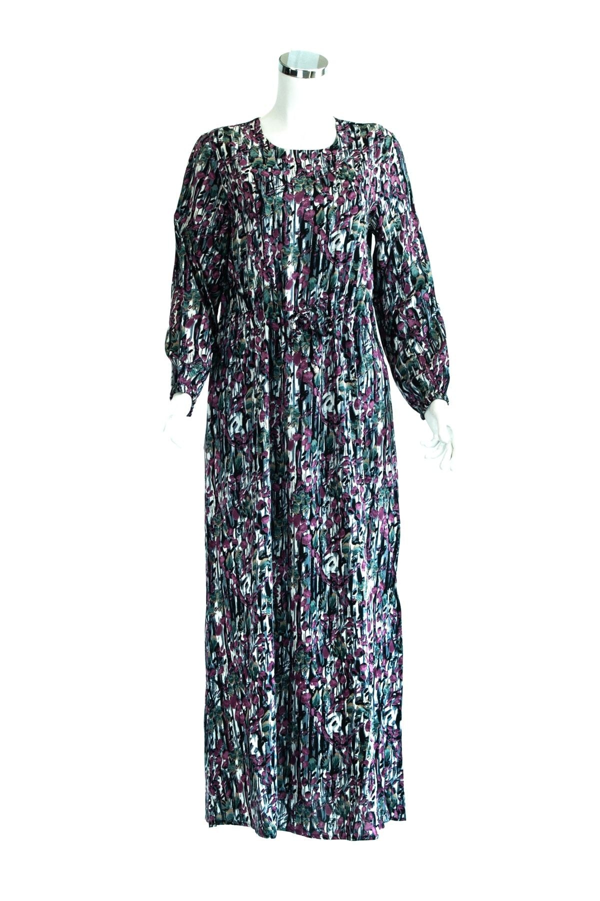 Kadın Elbise Salkım Desenli Bel Kısmı Bağcıklı Ve Daralabilen Likrasız Viskon Kumaş